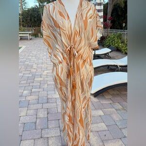 Stunning sheer Tan and White  Kaftan silk swim cover up by Echo. One size EUC